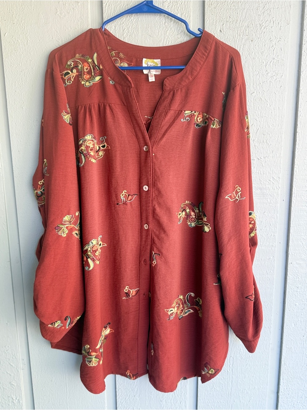 Anthropologie fig and flower Rust Red Button-Front Blouse with Paisley Motif 3X